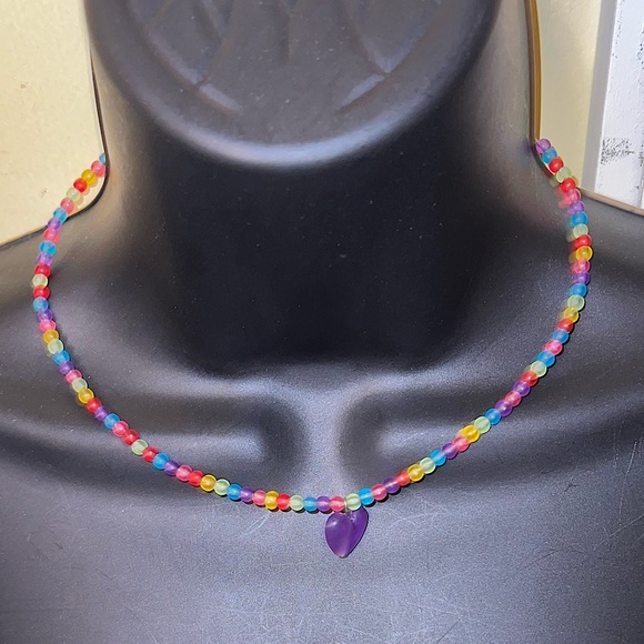 Y2K Multicolored Beaded Necklace With Purple Heart Pendant - Picture 1 of 8
